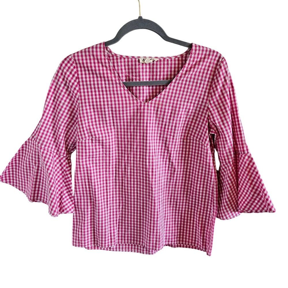 Jane and Delaney Pink Gingham V-Neck Bell Sleeve Cotton Blouse Womens Small